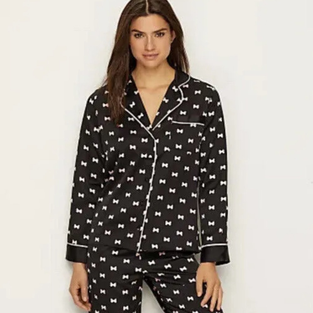 Kate Spade New York Intimates Pajamas Top Sz L Black Pink Bows Long Sleeves EUC